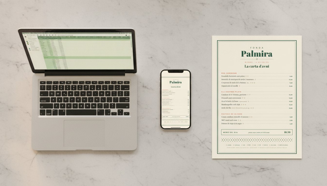 El sistema sobre la mesa: portátil con el Excel, móvil con la carta web y carta impresa de Fonda Palmira